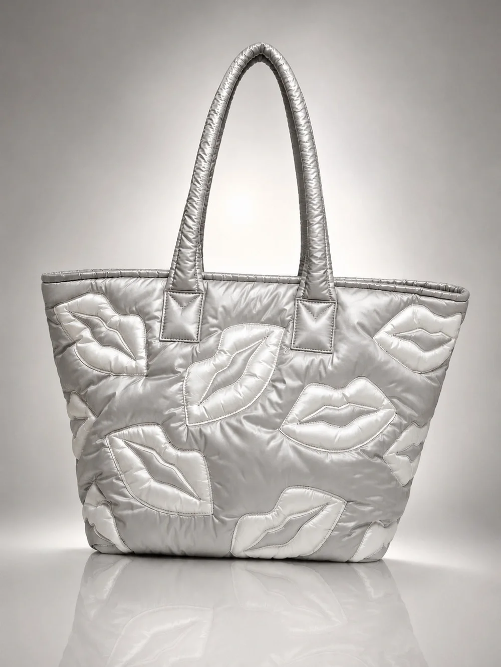 Wildfox Puffy Lips Quilted Tote Silver White NWT Zip Top Carryall